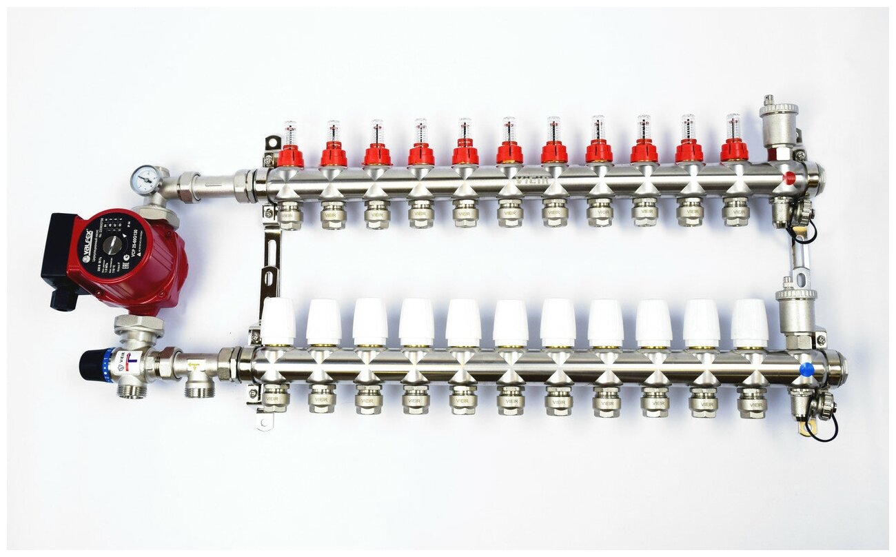 Комплект для тёплого пола на 11 контуров с насосом (Коллектор VR116-11AKN на 11 контуров, Насос циркуляционный , Евроконусы, Насосно-Смесительный узел VR204A)