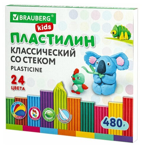 Пластилин классический BRAUBERG KIDS, 24 цвета, 480 грамм, стек, высшее качество, 106437