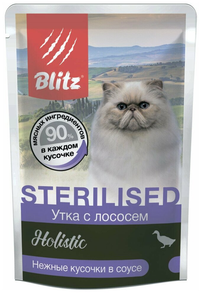 Blitz Holistic Sterilised паучи для стерилизованных кошек, с уткой и лососем - 85 г х 24 шт