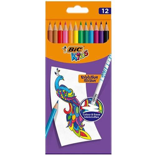 Карандаши цветные стираемые с резинкой 12 цветов BIC Kids Evolution Illusion, комплект 10 шт, круглые, 987868