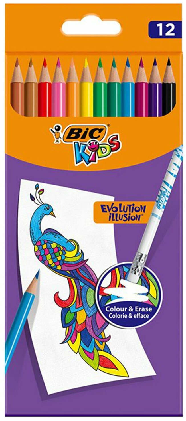 Карандаши цветные стираемые с ластиком BIC "Kids Evolution Illusion", 12 цветов, европодвес, 987868