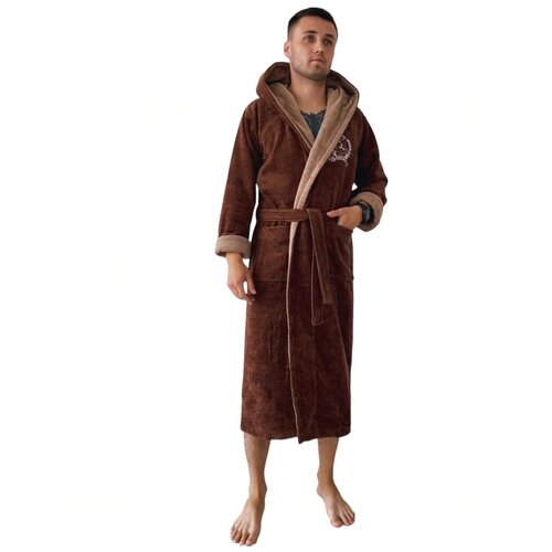 Халат махровый мужской с капюшоном, банный домашний JAN TEX, размер 2XL(48-50)