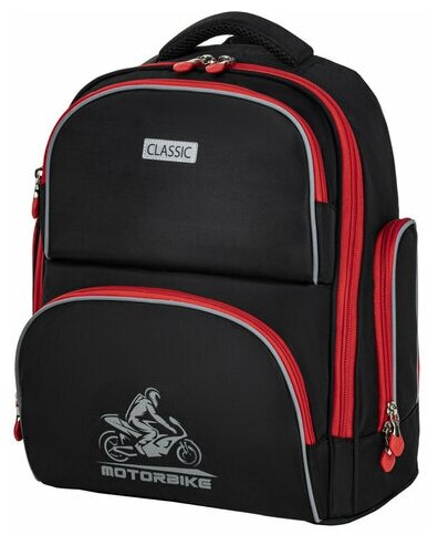Рюкзак BRAUBERG CLASSIC, легкий каркас, премиум материал, "Motorbike", черный, 37x32х21 см, 270583