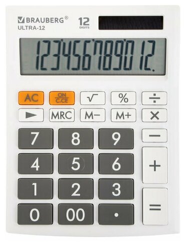 Калькулятор настольный BRAUBERG ULTRA-12-WT (192×143 мм), 12 разрядов, двойное питание, белый