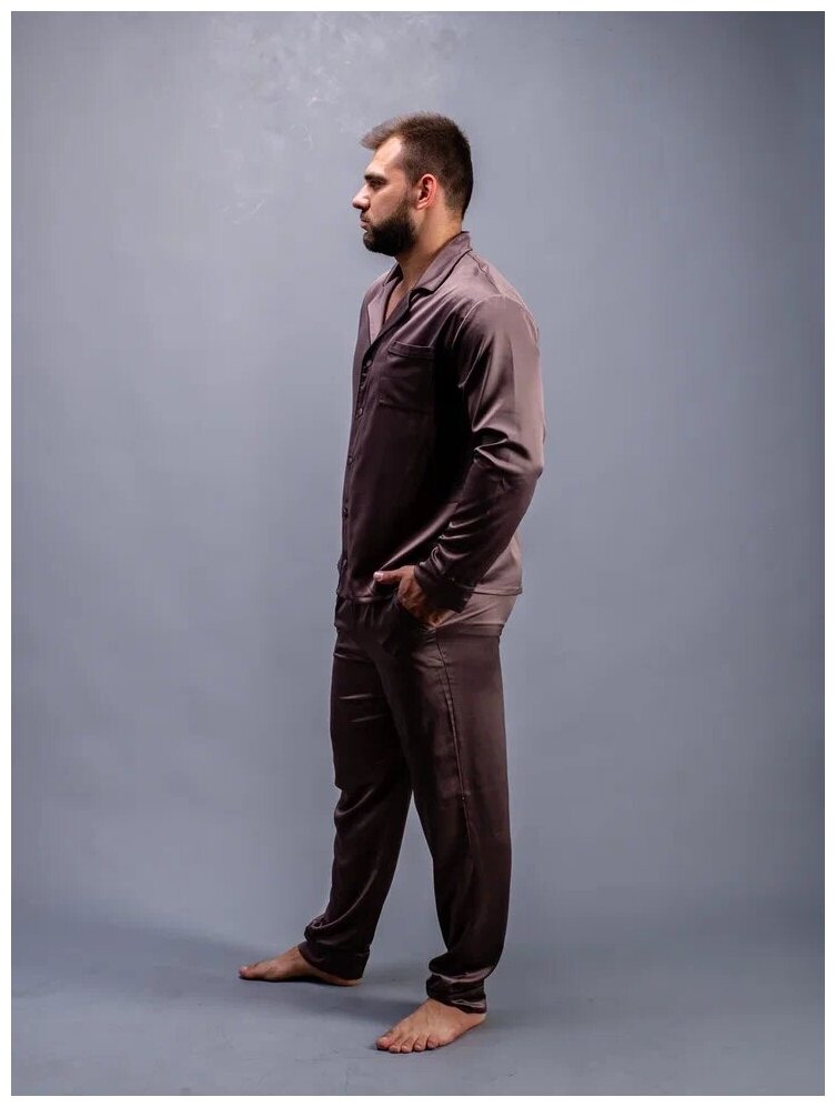 Пижама мужская домашняя (шёлк), комплект с брюками и рубашкой, Цвет шоколад, Размер 48 - фотография № 3