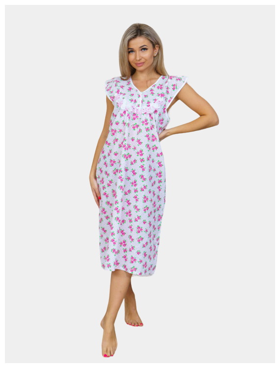 Длинная хлопковая ретро-сорочка ночная женская, большие размеры , ситец, М-1 (розовый) 66 - фотография № 1