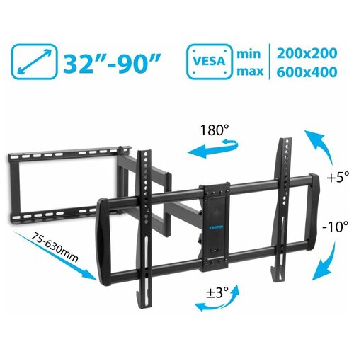 кронштейн для телевизора на стену крепление наклонно поворотное tuarex alta 109 до 32 дюймов vesa 100x100 Кронштейн для телевизора на стену / крепление наклонно-поворотное Kromax GALACTIC-61 / до 90 дюймов / vesa 600x400