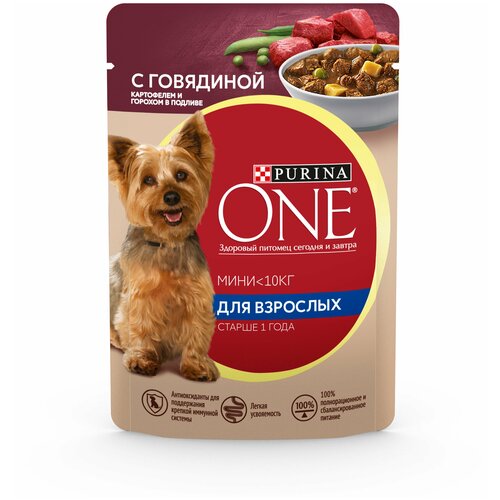 Влажный корм Purina ONE Мини Взрослая для собак мелких пород старше 1 года, с говядиной, картофелем и горохом в подливе 85 г х 78 шт