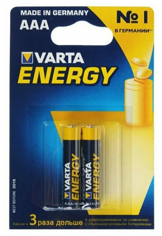 Батарейка Varta ENERGY LR03 AAA BL2 Alkaline 1.5V (4103) (2/20/100) (2 шт.) Varta ENERGY LR03 AAA (04103229412) - фото №1