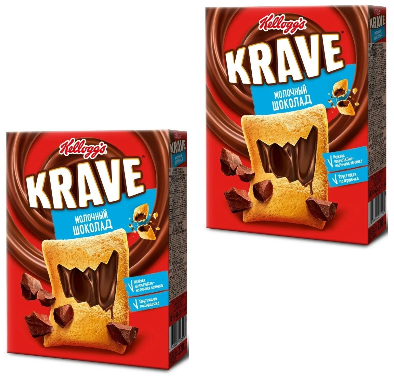 Kellogg's Krave Готовый завтрак хрустящие подушечки с нежной шоколадно-молочной начинкой, 220 г, 2 упаковки - фотография № 1