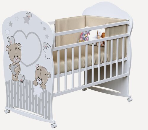 Изображение товара Кроватка детская для новорожденных ВДК Forever Friends, колесо-качалка, массив березы, белый