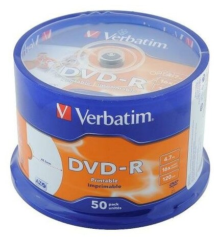 Диски DVD-R Verbatim 16x 4.7Gb CakeBox 50шт Printable 43649 43533