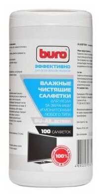 Салфетки Buro для экранов мониторов/плазменных/ЖК телевизоров/ноутбуков туба 100шт влажных