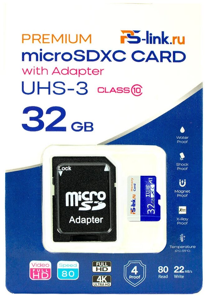 Карта памяти PS-link VD-32G MicroSDXC Class 10 UHS-3 с адаптером