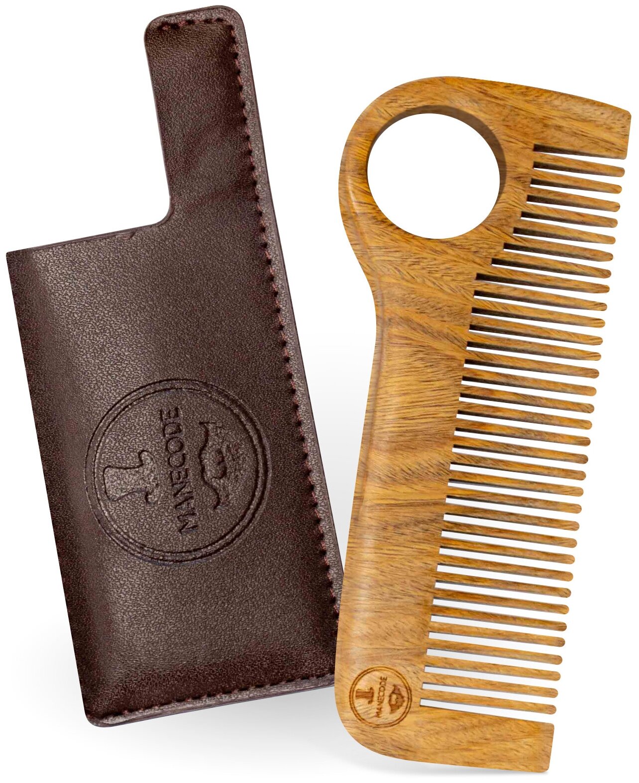 Расчёска для бороды и волос Manecode – прочный деревянный гребень для мужчин из натурального сандала с Anti-Static эффектом в чехле из экокожи