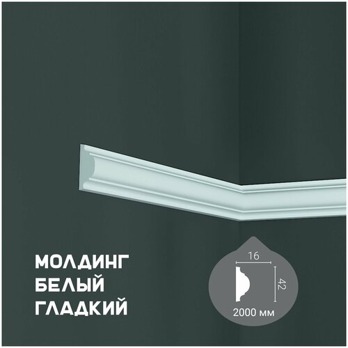 Молдинг с гладким профилем Harmony M 215 , плинтус потолочный белый грунтованный, профиль декоративный белый, 16*42*2000 мм