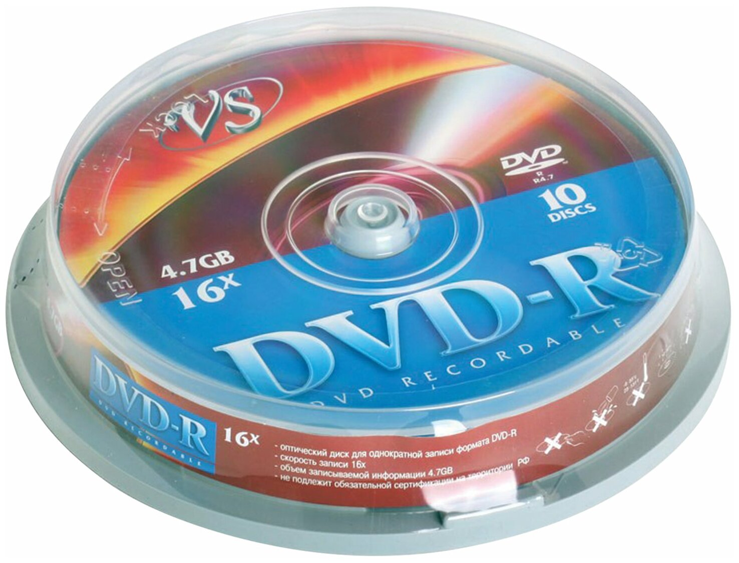Диски DVD-R VS 4,7 Gb Cake Box (упаковка на шпиле), комплект 10 шт, VSDVDRCB1001 В наборе: 1компл.