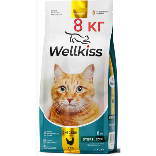 Сухой корм Wellkiss, Adult, Sterilized, для стерилизованных кошек, курица, 8 кг