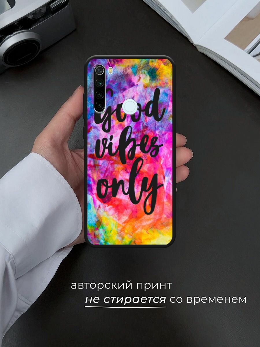 Черный матовый чехол на Xiaomi Redmi Note 8T / Сяоми Редми Нот 8Т с принтом "Good vibes only радуга" — фото 1