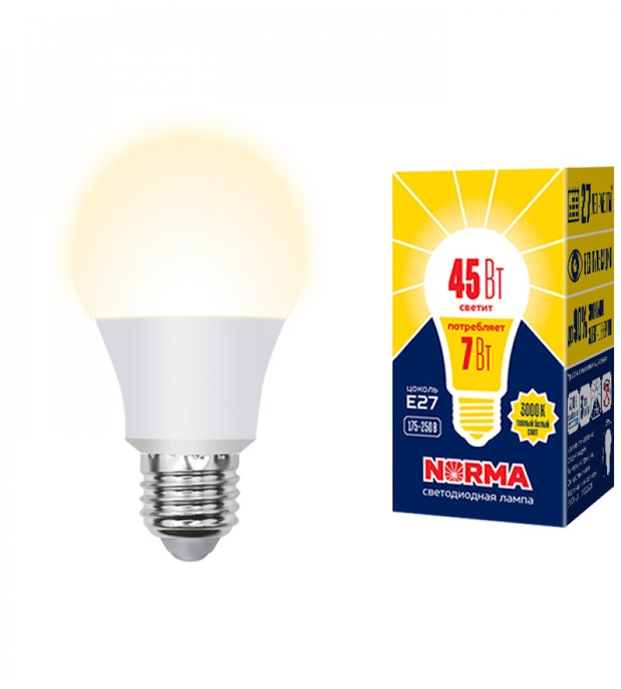 Volpe Лампа светодиодная (UL-00005619) Volpe E27 7W 3000K матовая LED-A60-7W/3000K/E27/FR/NR