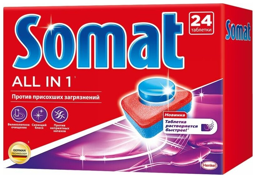 Somat All in 1, Таблетки для посудомоечной машины , мультифункциональное средство для мытья посуды в посудомойке в форме таблеток (24 таблетки) - фотография № 9
