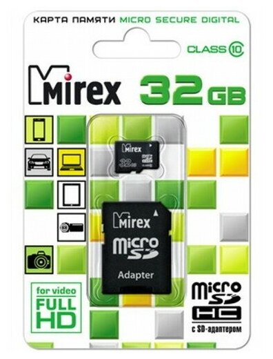 Карта памяти microSDHC Mirex 32 Гб класс 10 - с адаптером SD