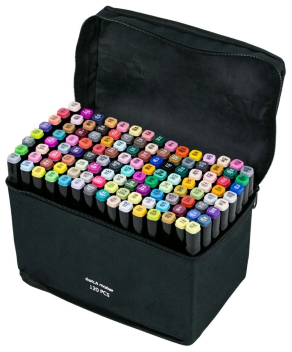 Маркеры (фломастеры) для скетчинга 120 штук (цветов) (набор профессиональных двухсторонних скетч маркеров в чехле)