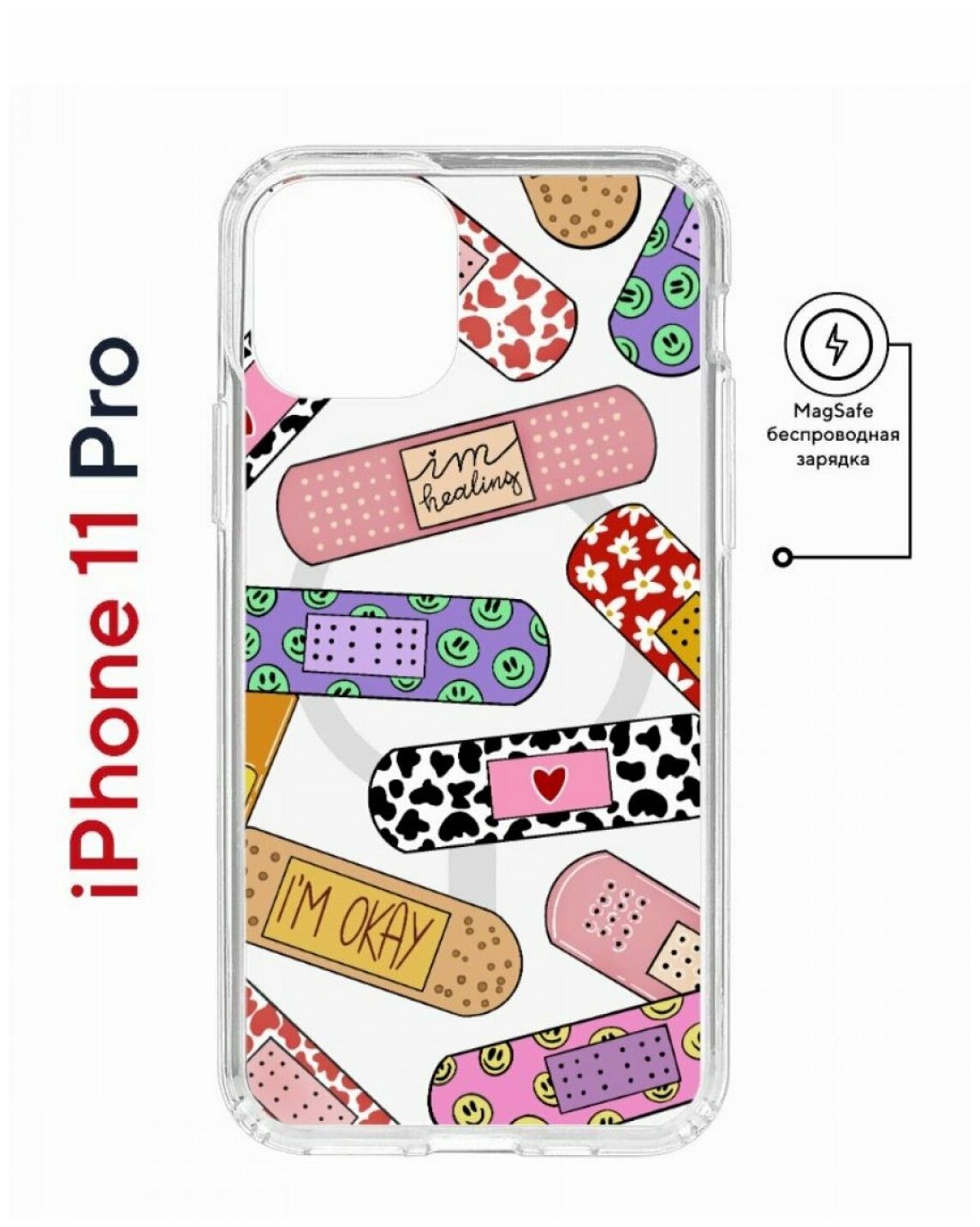 Чехол для iPhone 11 Pro Kruche Print MagSafe Милые пластыри,противоударный силиконовый бампер с рисунком,пластиковый кейс МагСейф с защитой камеры