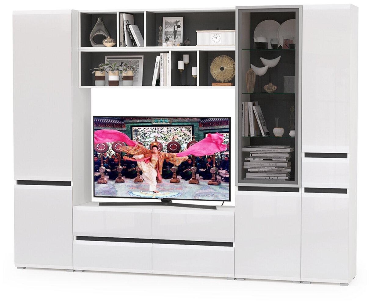 фото Широкая стенка в гостиную Сидней № 31, цвет корпус: белый/чёрный/фасады: МДФ белый глянец, ШхГхВ 259,9х41,3х205,2 см, универсальная сборка