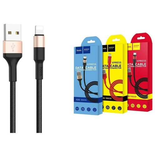 Кабель Hoco X26, Lightning - USB, 2,4 А, 1 м, нейлоновая оплетка, черно-золотистый