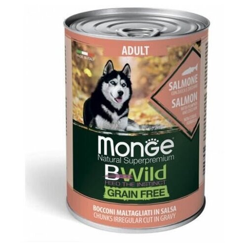 Влажный корм для собак Monge BWILD Feed the Instinct, беззерновой, лосось, с тыквой, с цукини 1 уп. х 6 шт. х 400 г