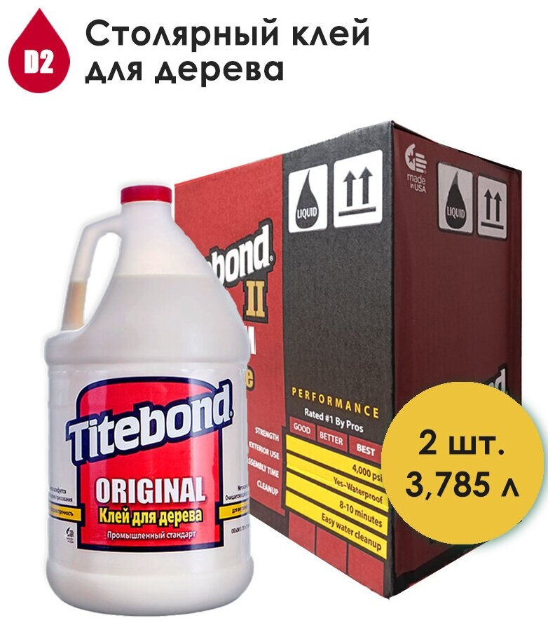 Столярный ПВА клей для дерева Titebond Original D2, 3.785 л, коробка 2 штуки