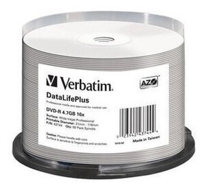 Диск Verbatim DVD-R 4.7Gb 16x Cake Box (50шт) Printable (43744)