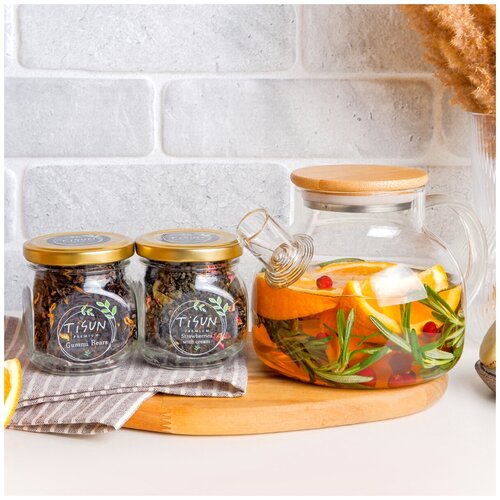 Tisun / Чайник заварочный стеклянный 900 мл с фильтром пружинкой и бамбуковой крышкой прозрачный из жаропрочного стекла