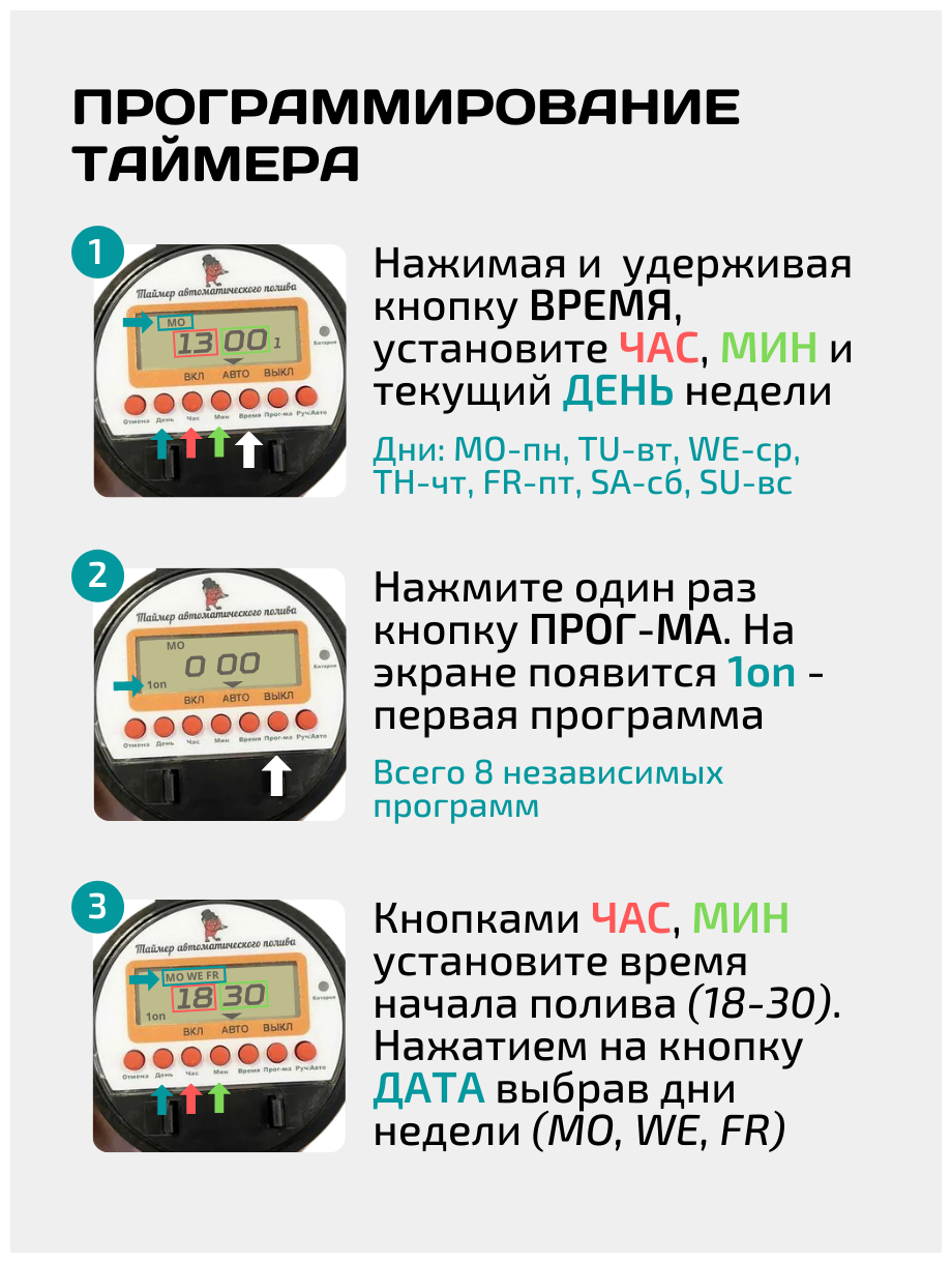 Таймер полива шаровый электронный 8 программ для капельного автоматического полива с ЖК-дисплеем