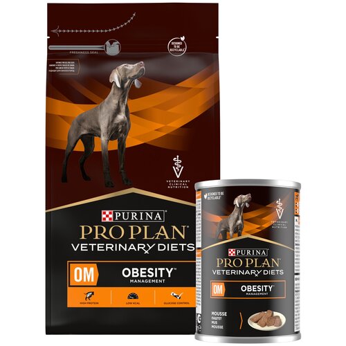 Сухой корм Pro Plan Veterinary diets OM корм для собак при ожирении, Пакет, 3 кг + Консерва, 400 г pro plan veterinary diets nf renal для взрослых собак при заболеваниях почек 3 кг х 4 шт