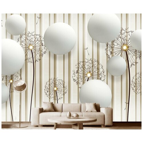 Фотообои на стену флизелиновые 3D Модный Дом Белые шары и одуванчики 350x270 см (ШxВ)