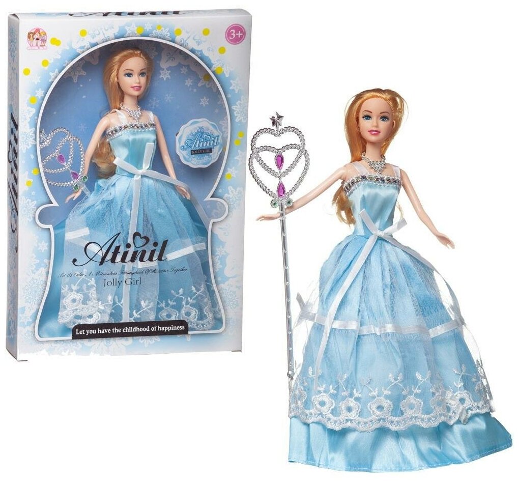 Кукла Junfa Atinil (Атинил) Очаровательная принцесса (в длинном голубом платье) c волшебной палочкой, 28см WJ-21501/голубое