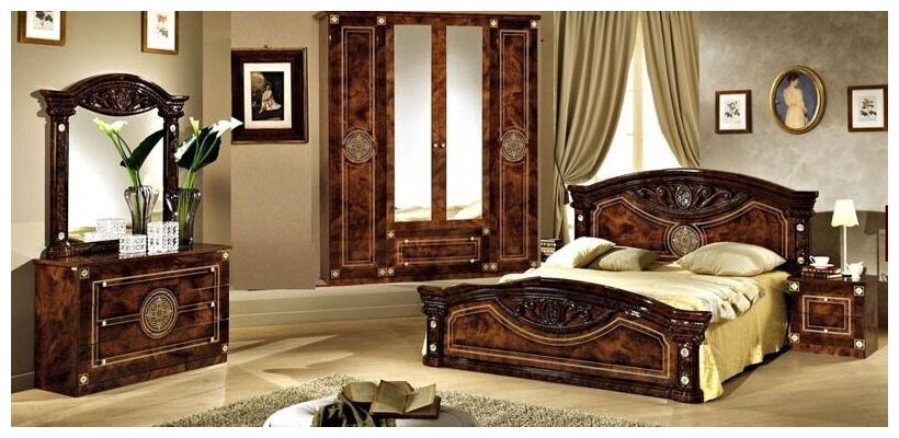 Спальный гарнитур Диа Рома цвет: орех глянец(кровать 160х200, шкаф 4дв, тумбочки 2шт, комод с зеркалом)
