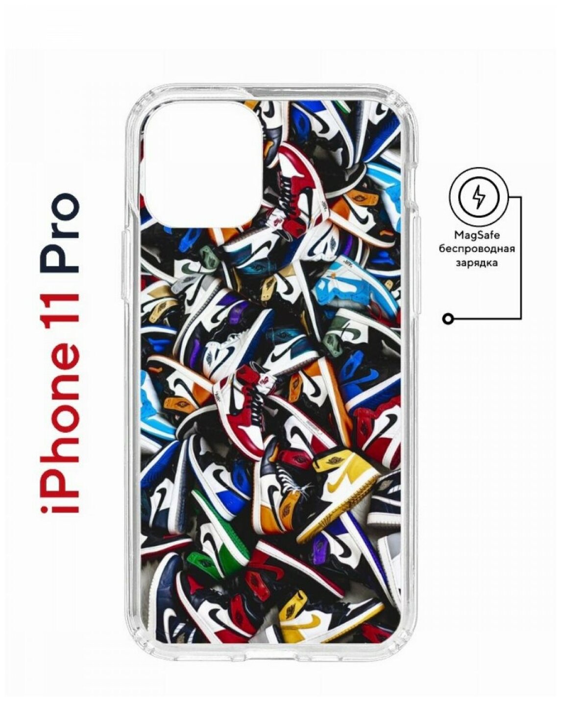 Чехол для iPhone 11 Pro Kruche Print MagSafe Кроссовки Nike Air,противоударный силиконовый бампер с рисунком,пластиковый кейс МагСейф с защитой камеры