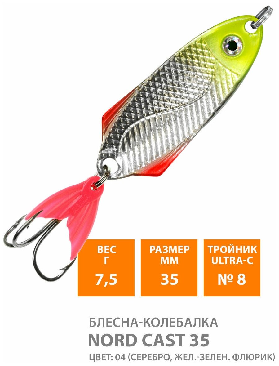 Блесна колебалка для рыбалки AQUA Nord Cast 35mm 7.5g цвет 04