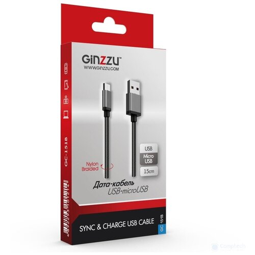 Кабель Ginzzu GC-151B micro USB B (m) USB A(m) 0.15м черный