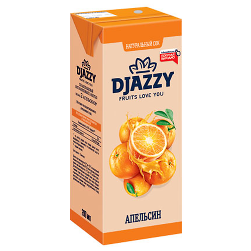 Сок DJAZZY апельсиновый, с мякотью, без сахара, 0.2 л, 30 г