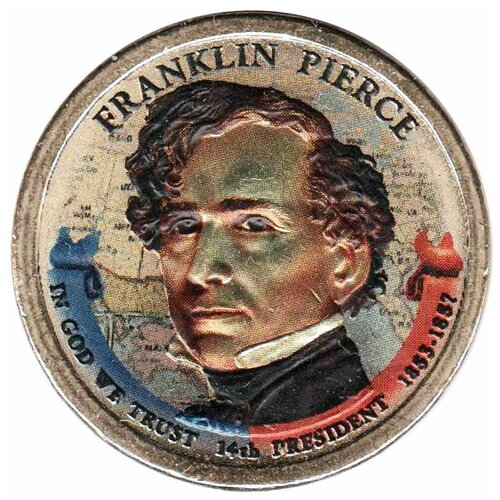 (14p) Монета США 2010 год 1 доллар Франклин Пирс Вариант №2 Латунь COLOR. Цветная клуб нумизмат монета доллар америки 2010 года серебро w