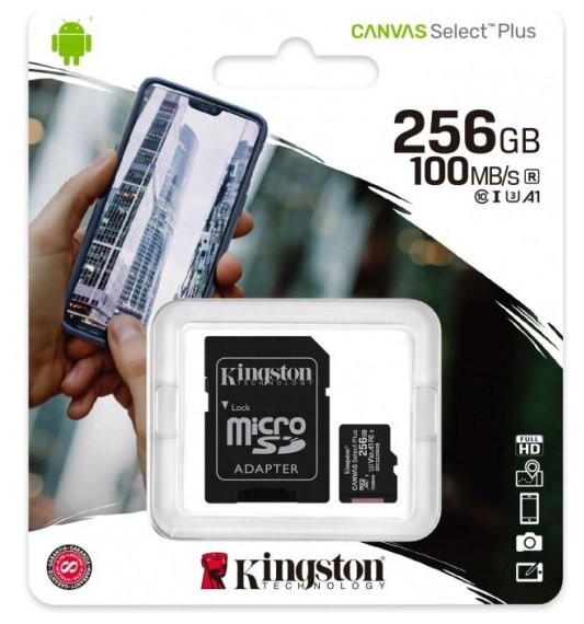 Карта памяти Kingston micro SDXC 256Gb Canvas Select Plus UHS-I U3 V30 A1 + ADP (100/85 Mb/s)