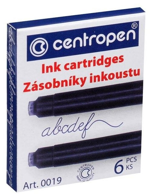 Картриджи для перьевых ручек Centropen 0019/06, 6 штук, чернила синие