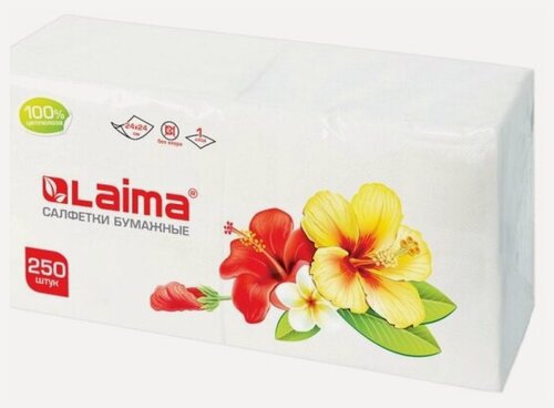 Изображение товара Салфетки бумажные Лайма 24x24 см , белые, 100% целлюлоза, 250 листов