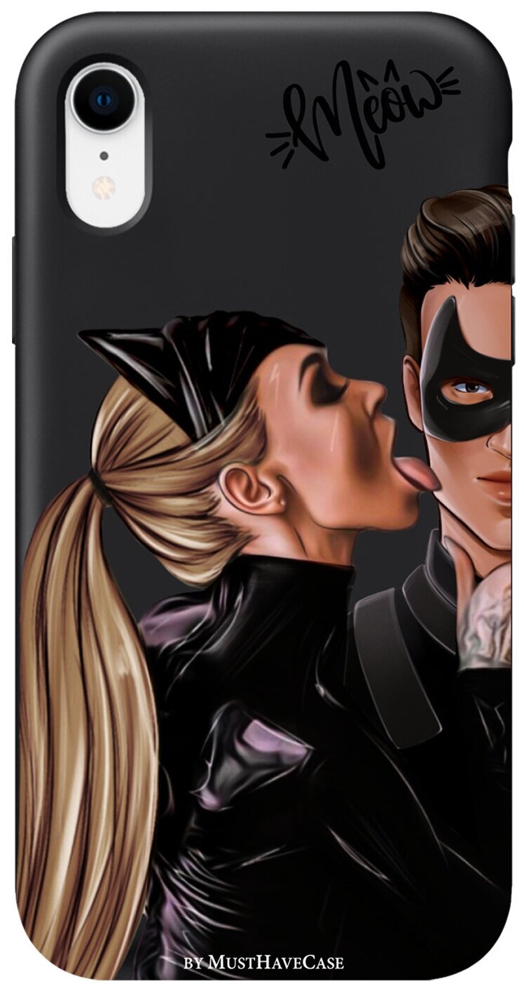 Черный силиконовый чехол для iPhone XR Кошечка с парнем