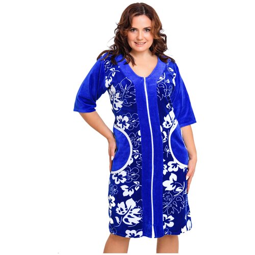 Женский домашний халат из велюра в синем цвете, размер 56