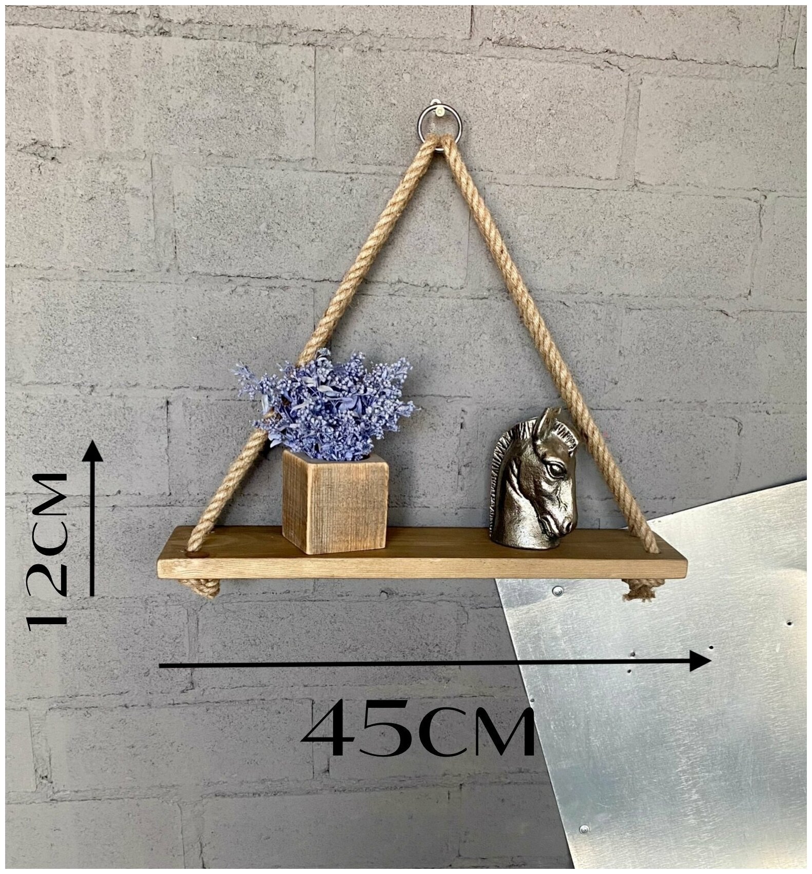Деревянная прямая полка на стену с веревкой из джута - фотография № 3
